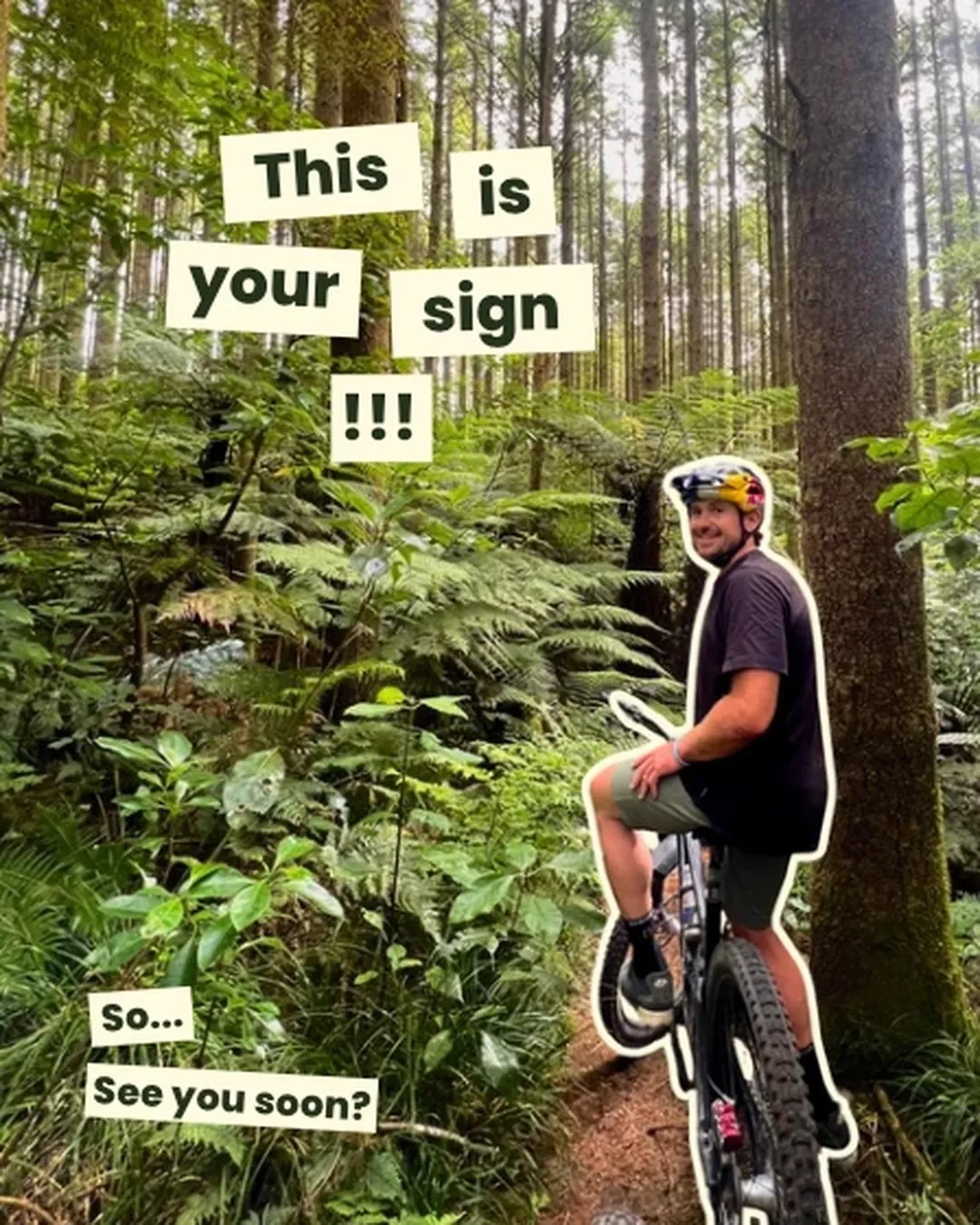 Ride Retreat post: a rider and his bike in a fern-filled redwood forest, with the words “This is your sign!!! So… see you soon?”